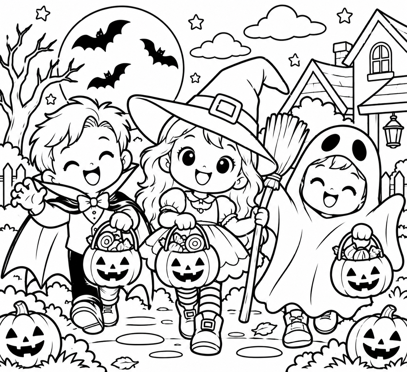 Trick-or-Treat Kids Coloring Page coloring page preview